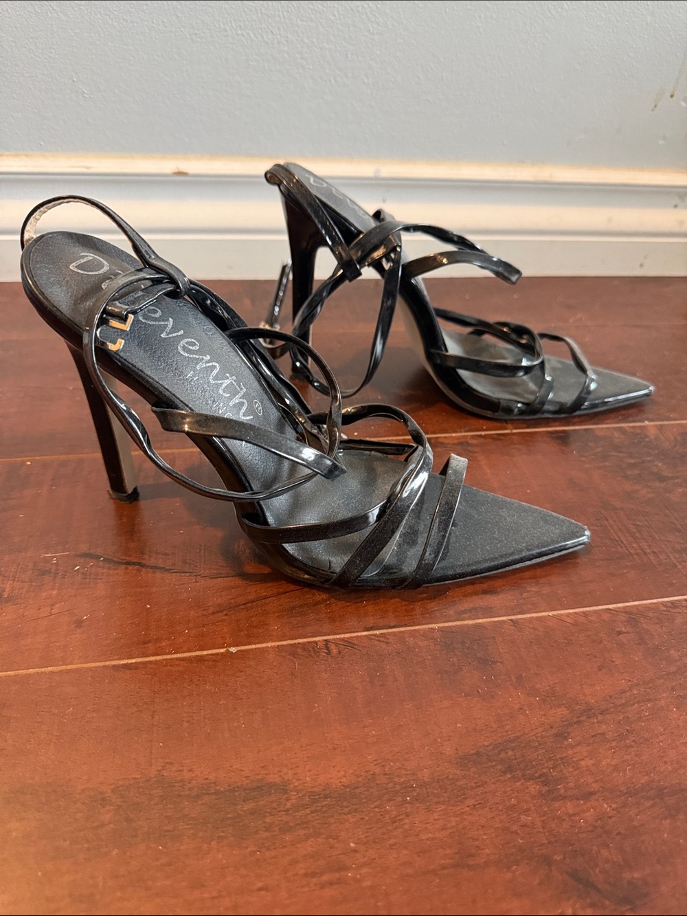Black Strappy Pointed-Toe Stiletto Heels